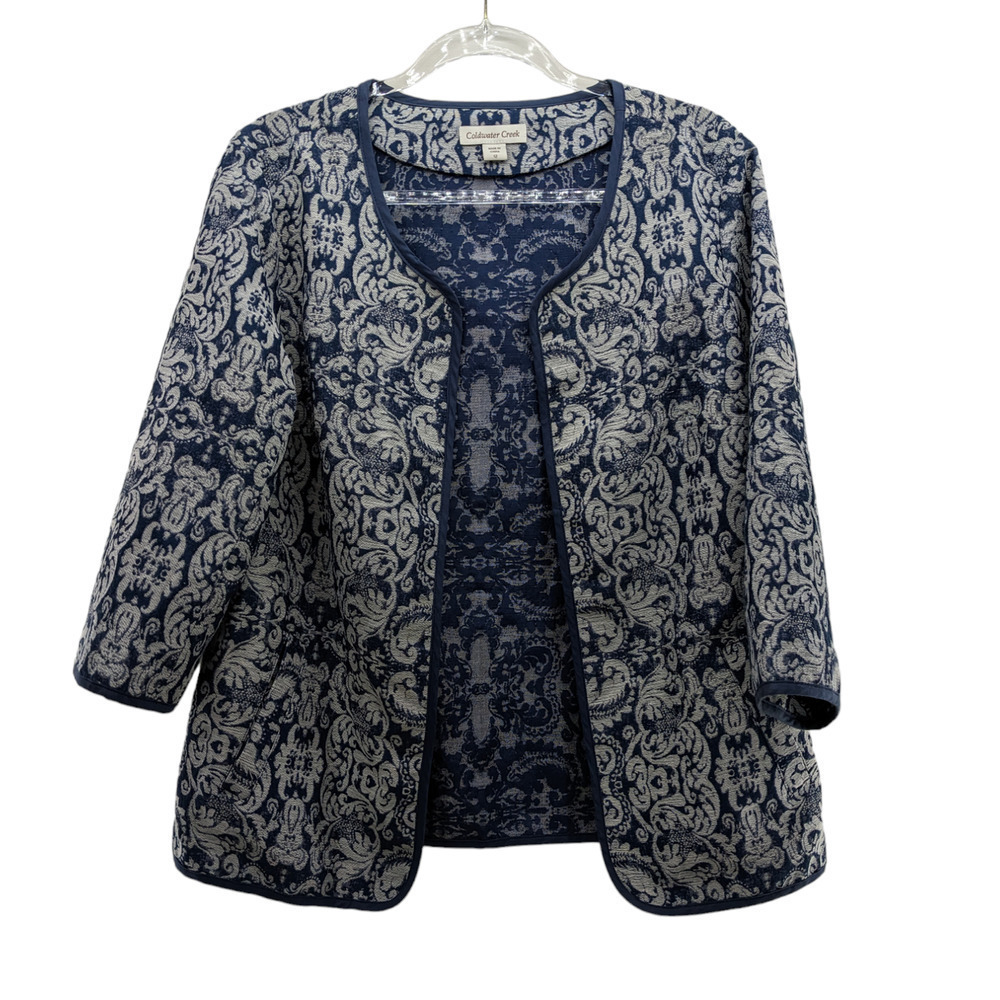 Coldwater Creek Jacket 12 Tapestry Blue White Damask Open Front Pockets